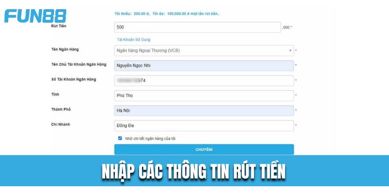 Nhập các thông tin rút tiền